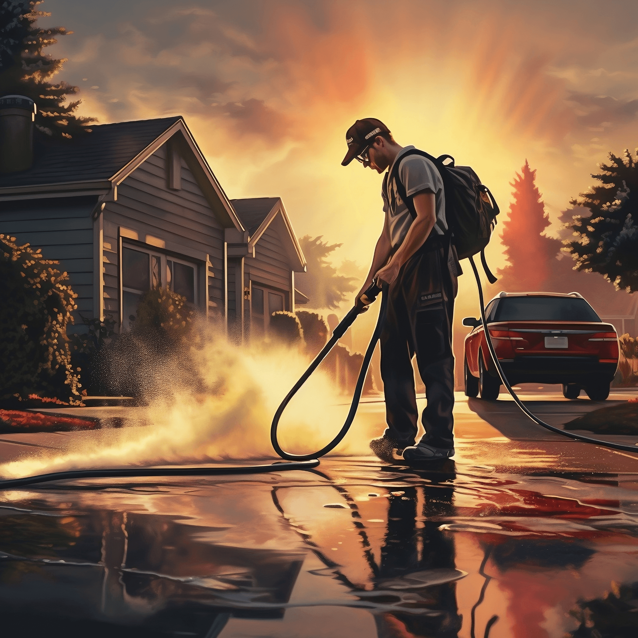 man power washing a driveway